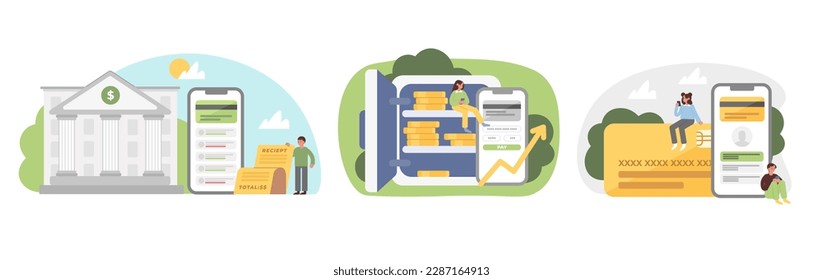 Conjunto de personajes de dibujos animados dedicados al proceso moderno de gestión financiera. Servicios bancarios seguros en línea. Beneficio de la inversión empresarial. Valiosos recursos económicos. Vector