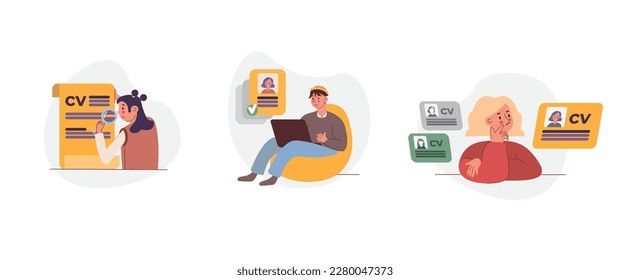 Set of cartoon characters engaged in selection of job candidates. HR managers selecting candidates for work or study. Human resource management team. Vector