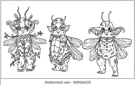 Set of cartoon characters, fairytale forest creatures, cute little bugs with chubby cheeks, ears and big eyes, antennae and wings, plump body and short legs,  with scale and fur, in different poses. 