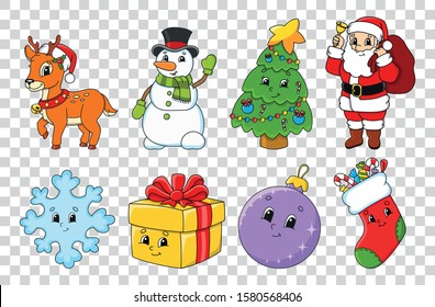 Set of cartoon characters. Fairytale tree, Santa Claus with gifts, cute deer, snowman, sock, snowflake, ball, gift. Happy New Year and Merry Christmas. Hand drawn. Color vector isolated illustration.