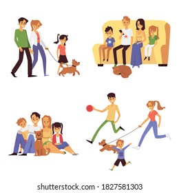 Set of cartoon characters with favorite pet. Dog is family member. Happy family adopted adorable animal from shelter. Flat cartoon vector illustration isolated on white background.