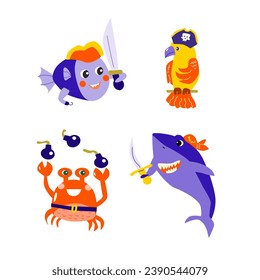 conjunto de personajes de dibujos animados peces piratas y loro