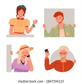Set of cartoon characters in flat style. Young guys and girls waving hands, talking phone, holding mobile, peep out. Stylish woman in dress and hat, t-shirt, guys in shirt and jacket. Different people
