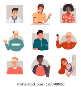 Set of cartoon characters in flat style. Young curious guys and girls waving hands, smiling, gesturing, greeting. Avatars of international people, diverse nations, ethnicity. People saying hello