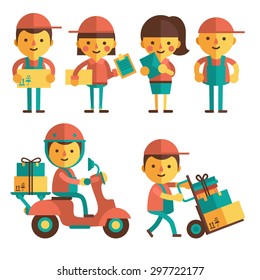 Set of cartoon characters in a flat style. Delivery service. Characters - delivery service workers.