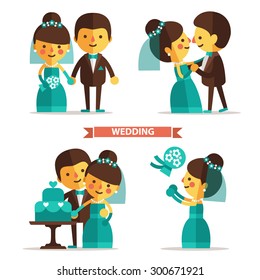 Set of cartoon characters in a flat style. Wedding couple, man and woman in wedding dress. Couple goes to the altar, dancing, groom carries his bride in his arms.