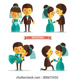 Set of cartoon characters in a flat style. Wedding couple, man and woman in wedding dress. Couple goes to the altar, dancing, groom carries his bride in his arms.