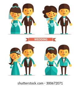 Set of cartoon characters in a flat style. Wedding couple, man and woman in wedding dress. Couples dressed in different  wedding costumes.