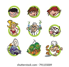 Set of cartoon characters, a flat style. Vector image isolated on white background. Brand characters for print and website. Comic style. Mascots for the company.