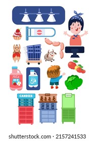 Set cartoon characters, food market items. Vector colored isolated illustrations for design on white background. Cute boy, dog, woman in store.