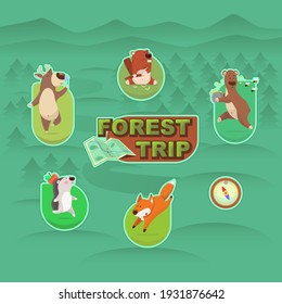 Set of cartoon characters. Forest animals in flat style. Funny font, map and compass. Nature background.