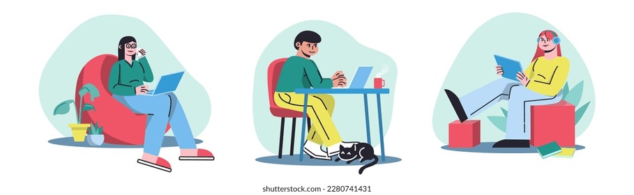 Set of cartoon characters of freelancer working at home. Benefits of remote job. Idea of distant work. Modern convenient workplace. Process of studying during quarantine. Vector