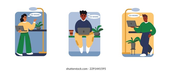 Juego de personajes de dibujos animados de freelancers con laptops trabajando. Entorno de trabajo compartido y oficina de espacio abierto. Grupo de independientes haciendo su trabajo. Vector