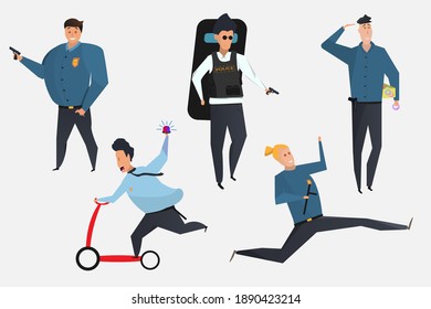 Eine Reihe von Zeichentrickfiguren. Hübsche Bullen mit einem Schlagzeug, einem Roller, mit Donuts. Vektorgrafik