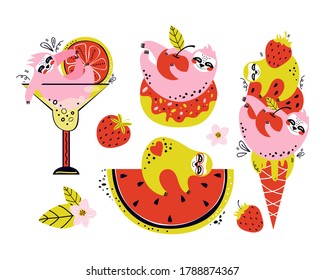 Set of cartoon characters of funny sloths. Cute bears with summer berries and fruit, ice cream, cocktail, donut. Hand drawn vector illustration