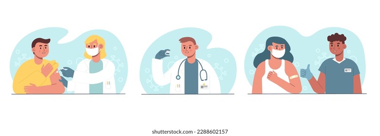 Set of cartoon characters getting protection from Covid 19 pandemic. Time for getting vaccines.Flu, influenza or coronavirus vaccination. Boosting immune system health. Vector
