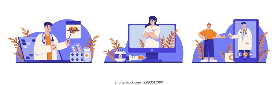 Set of cartoon characters getting and providing online medical help. Professional online medicine. Modern healthcare services via video call meeting. Vector