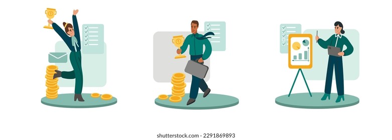 Set of cartoon characters getting salary and income growth. Group of employees increasing capital and profits at work. Concept of financial freedom. Vector