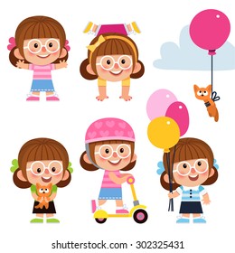 Set of cartoon characters. Girl fun, girl standing on her head, girl plays with a cat, girl on scooter, girl with balloons. Cute, funny, little girl. Cute baby girl in glasses.
