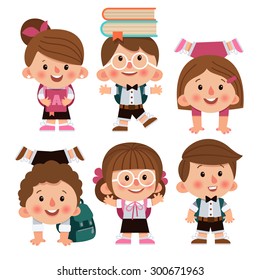 Set of cartoon characters, girls and boys. School children. Back to school. Cute schoolchild. School children laughing, funny kids go to school. Cartoon characters