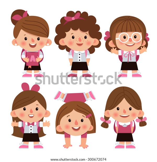 Set Cartoon Characters Girls Different Hairstyles Stock