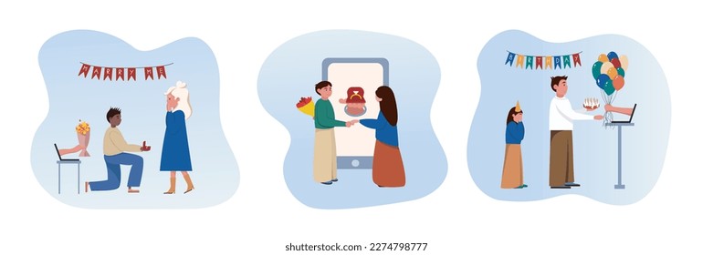 Set of cartoon characters giving presents from online store. Shopping using mobile apps. Celebrating anniversary or birthday with Internet shopping. Vector