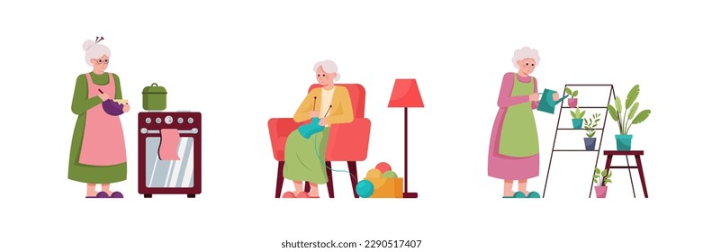 Set of cartoon characters of grandmothers doing their household duties. Time for cooking, knitting and watering plants. Concept of housekeeping and retirement. Happy old age. Vector