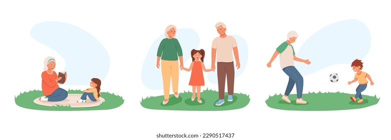 Set of cartoon characters of grandparents spending time with their grandchildren. Reading books, walking and playing with grandsons and granddaughters. Happy old age. Concept of retirement. Vector