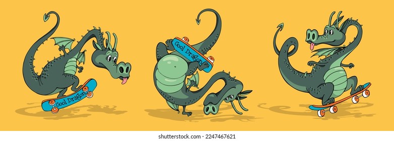 Set of cartoon characters. Green Dragon rides a skateboard. Humor card, t-shirt composition, hand drawn style print. Vector illustration.