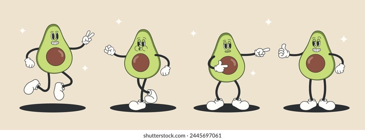 Set of cartoon characters in a groovy style half avocado with a bone, shows different gestures. Victory hand. Vector illustration of EPS10.	

