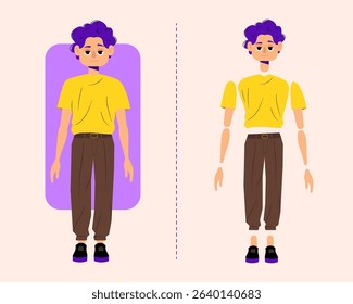 Set of cartoon characters guy with different poses and editable parts for animation or game design