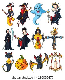 A set of cartoon characters for Halloween: bones queen, death, vampire, cat, ghost, bones king, scarecrow, witch  with broomstick, wizard with magical scepter, pumpkin, a cute flying bat and a lamp.