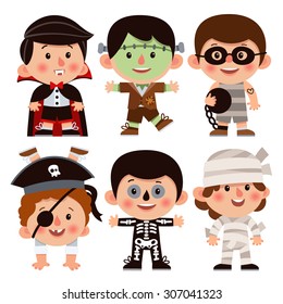 Set of cartoon characters for Halloween. Children dressed in costumes for Halloween. Boys in costumes for Halloween. Vampire, zombie, thief, pirate, skeleton, mummy - Halloween costumes.