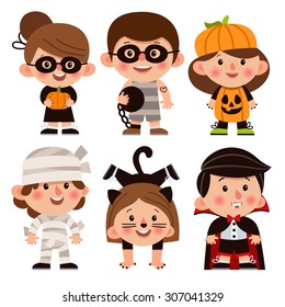 Set of cartoon characters for Halloween. Children dressed in costumes for Halloween. Boys and girls in scary costumes. Nipper, pumpkin, mummy, cat, vampire - Halloween Costumes.