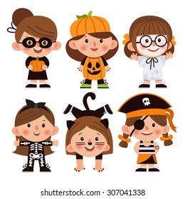 Set of cartoon characters for Halloween. Children dressed in costumes for Halloween. Girls in costumes for Halloween. Nipper, pumpkin, ghost, skeleton, cat, pirate - costumes on Halloween.