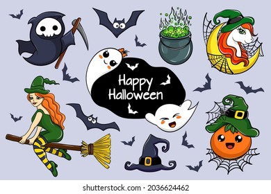 set of cartoon characters for Halloween. cute ghosts, bats, witch, pumpkin, little death and unicorn, vector illustration