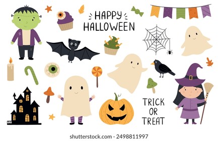 A set of cartoon characters and Halloween elements. Vector illustration