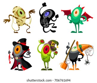 Set of cartoon characters halloween monsters in different costumes. Mummy, Frankenstein's Monster, X-Ray Skeleton, Vampire Dracula, Imp, Devil, Pumpkin creature potato in witch hat.