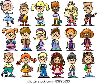 Set cartoon characters happy children, schoolchild