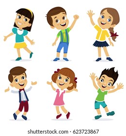 Set of cartoon characters, happy girls and boys. School children. Cute schoolchild. Cartoon characters - stock vector