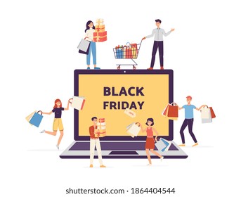 Set cartoon characters of happy shoppers with lots of bags next to a huge laptop screen with inscription Black Friday. Gifts and discounts in sale season. Flat vector illustration.