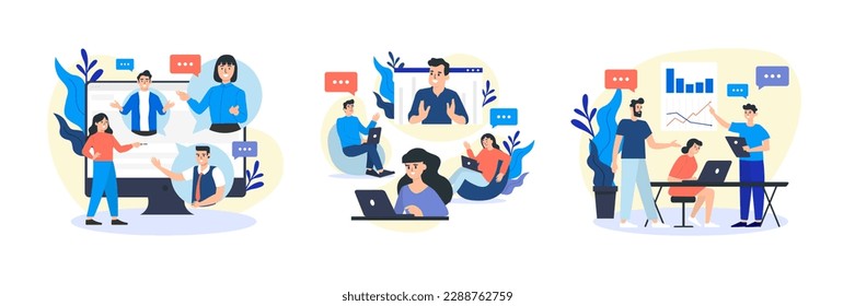 Set of cartoon characters having remote video conference when working. Online meeting between coworkers. Young people connecting together. Idea of distant work. Vector