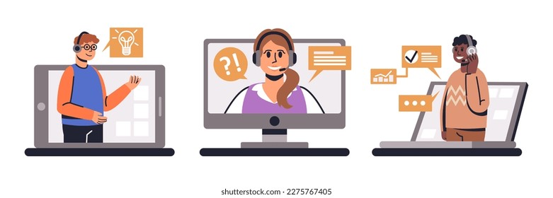Set cartoon characters in headsets working as call center operators. Online technical support representatives. Hotline operator helping clients. Vector