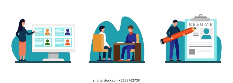 Set of cartoon characters of hiring managers and job seekers. Process of selecting resumes. Human resource management. Time for employment interviewing. Vector