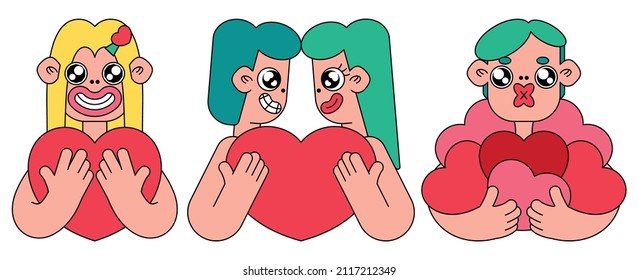 Set von Zeichentrickfiguren, die Herzen halten. Verschiedene einzelne Menschen mit Herz: süßes Mädchen, lustiger junger Mann, verliebtes Paar. Vektorgrafik für Valentinstag auf weißem Hintergrund.