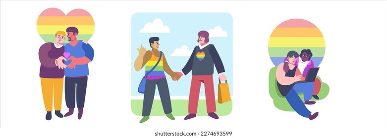 Set of cartoon characters of homosexual couples together. Pride parade against violence and discrimination. Showing support for lgbt community. Vector