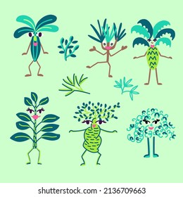 Set of cartoon characters of house plants with arms and legs