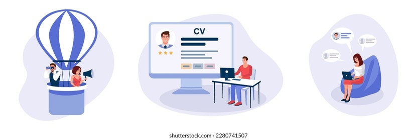 Set of cartoon characters of HR managers searching for new employees. Hiring manager occupation. Human resource management. HR department staff. Vector