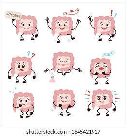 Set of cartoon characters intestines. Collection of Cute human internal organ with different emotions, caricature, animation. Vector illustration