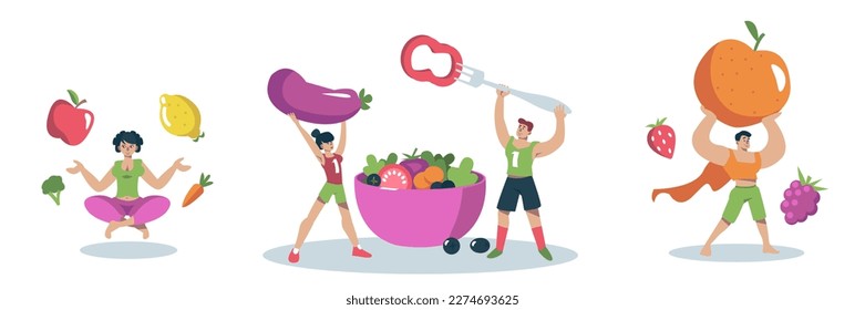 Set of cartoon characters joining healthy vegan diet program. Healthy and active lifestyle. Eating organic fruit and vegetables. Process of weight loss. Vector